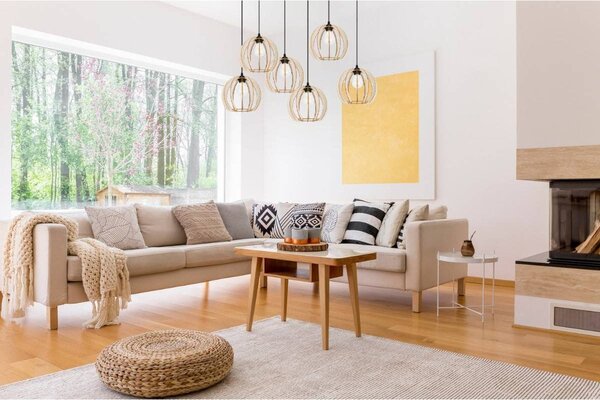 Závesné svietidlo Timber 9, 6x drevené tienidlo
