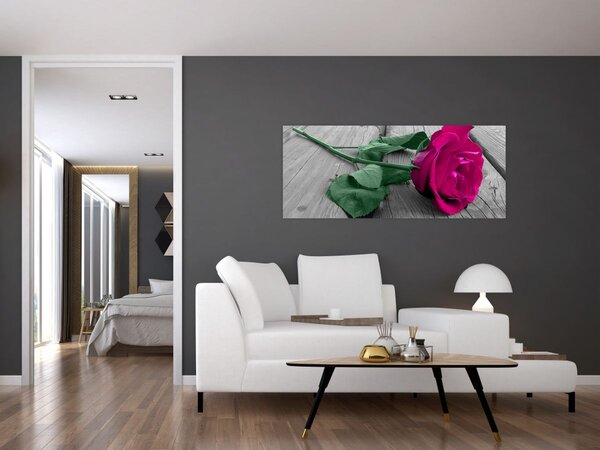 Obraz - Ružová ruža so zelenou stonkou (120x50 cm)