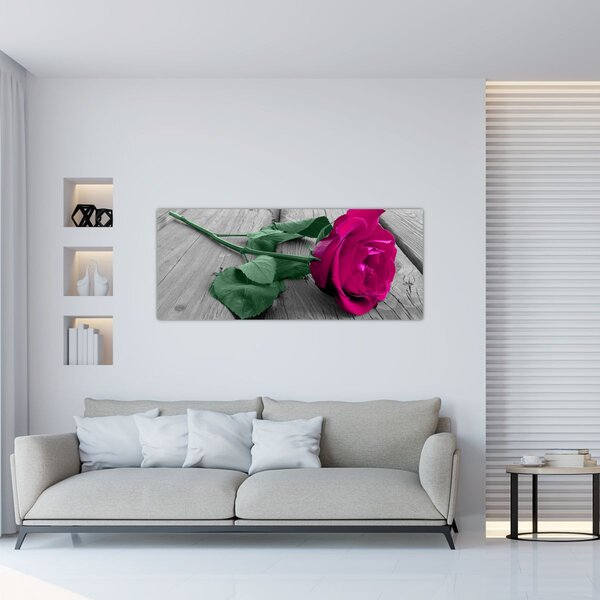 Obraz - Ružová ruža so zelenou stonkou (120x50 cm)