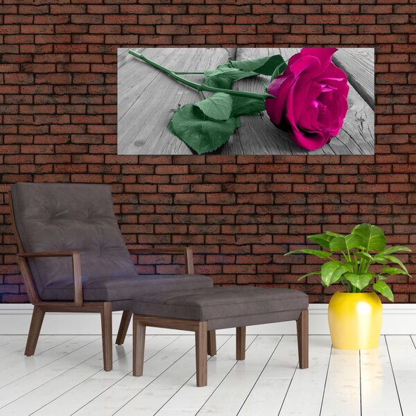Obraz - Ružová ruža so zelenou stonkou (120x50 cm)