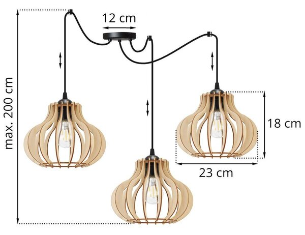 Závesné svietidlo Timber Spider 3, 3x drevené tienidlo