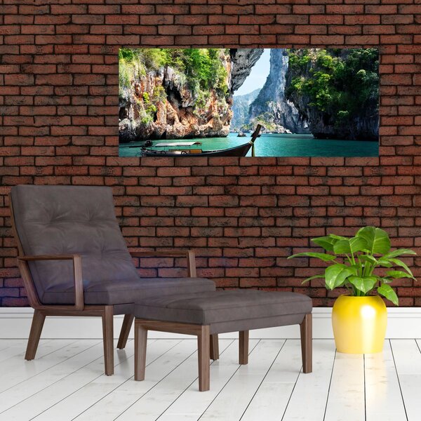 Obraz - Vodná stredomorská krajina s loďou (120x50 cm)