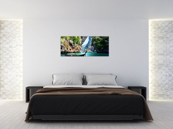 Obraz - Vodná stredomorská krajina s loďou (120x50 cm)