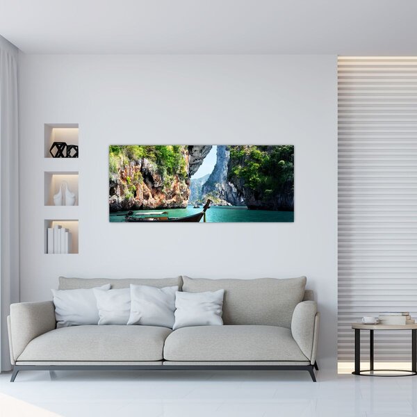 Obraz - Vodná stredomorská krajina s loďou (120x50 cm)
