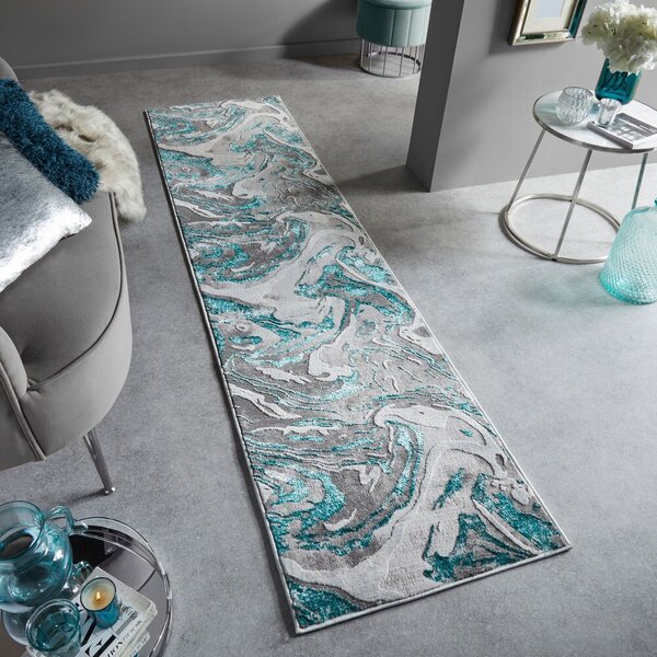 Flair Rugs , Behúň Eris Marbled Emerald, 60x230, modrá, chodba / predsieň