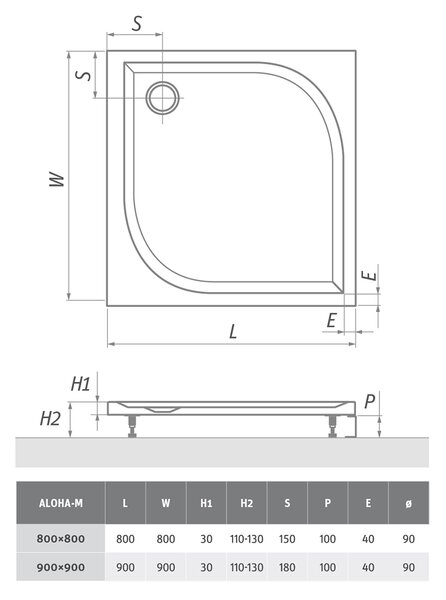 Roth Štvorcová sprchová vanička z liateho mramoru ALOHA-M ROTH-Variant: rozmery: 80x80 cm - (ALOHA-M 800 - 8000155)