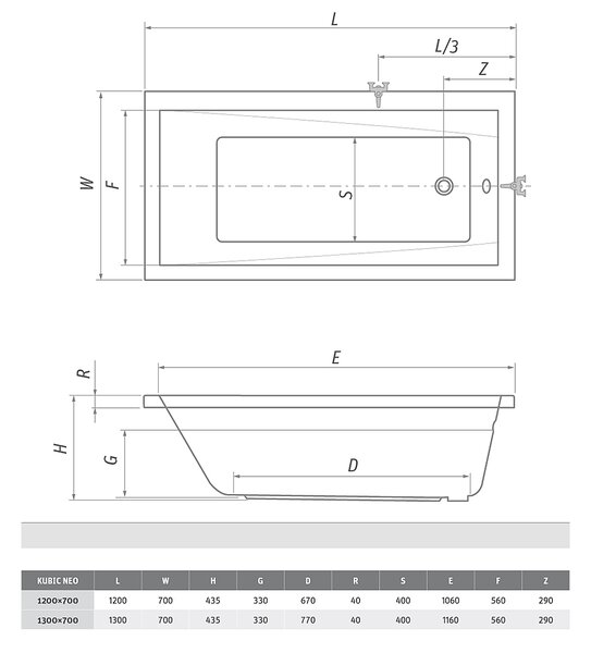Roth Obdĺžniková akrylátová vaňa pre menšie priestory KUBIC NEO SHORT ROTH-Variant: rozmery: 120x70 cm - (KUBIC NEO SHORT 120x70 - 9350000)