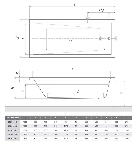 Roth Obdĺžniková akrylátová vaňa s extra tenkým lemom KUBIC NEO SLIM ROTH-Variant: rozmery: 150x70 cm - (KUBIC NEO SLIM 150x70 - 9300SLM)