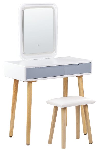 Toaletný stolík so stoličkou biely stolová doska zo spracovaného dreva drevené nohy LED zrkadlo 2 zásuvky úložný priestor