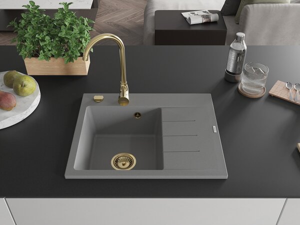 Mexen Ben, 1-komorový granitový drez 600x500x190 mm, ľavý + zlatý sifón, šedá, 6522605000-71-G