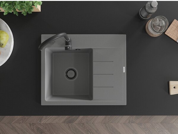 Mexen Ben, 1-komorový granitový drez 600x500x190 mm, ľavý + čierny sifón, šedá, 6522605000-71-B