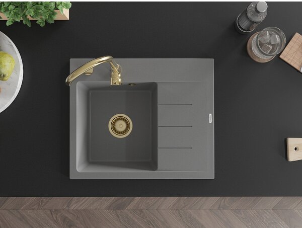 Mexen Ben, 1-komorový granitový drez 600x500x190 mm, ľavý + zlatý sifón, šedá, 6522605000-71-G