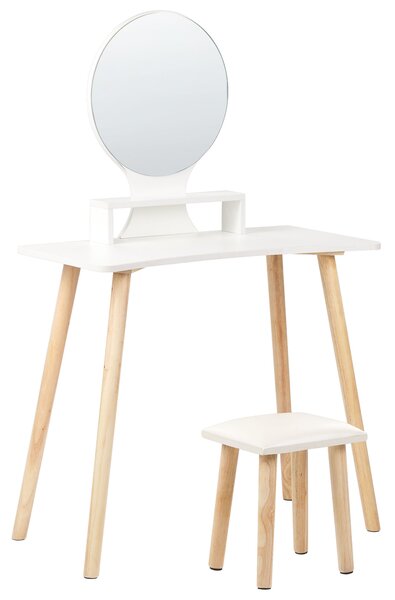 Toaletný stolík so stoličkou biely stolová doska zo spracovaného dreva drevené nohy okrúhle zrkadlo