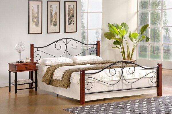 Kovová manželská posteľ s roštom Violetta 160 - čerešňa antická / čierna