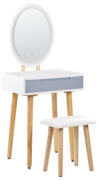 Toaletný stolík so stoličkou biely stolová doska zo spracovaného dreva drevené nohy zrkadlo 1 zásuvka úložný priestor