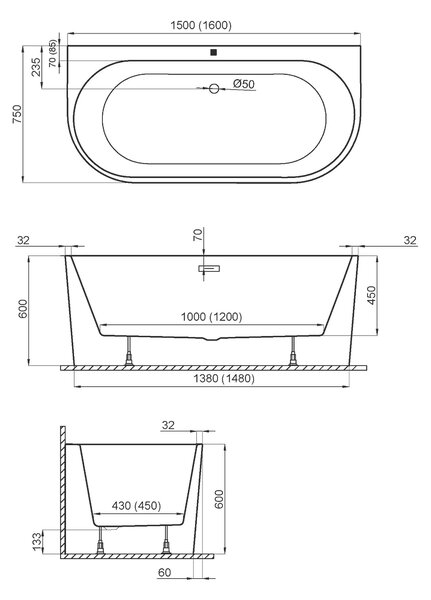 Polimat Akrylátová voľne stojaca vaňa k stene Sola 150x75 POLIMAT-Rozmery: 150x75, POLIMAT-Farba vane: Biela / biela lesk