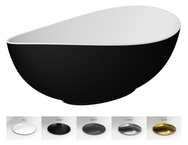 Besco Voľne stojaca vaňa z liateho mramoru Siya BW 160x92 (172x100), biela lesk/čierna lesk