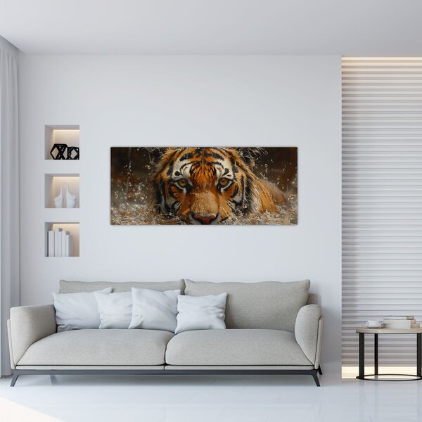 Obraz - Portrét tigra vo vode (120x50 cm)