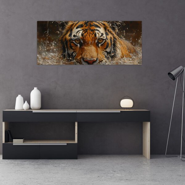 Obraz - Portrét tigra vo vode (120x50 cm)