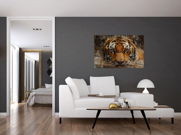 Obraz - Portrét tigra vo vode (90x60 cm)