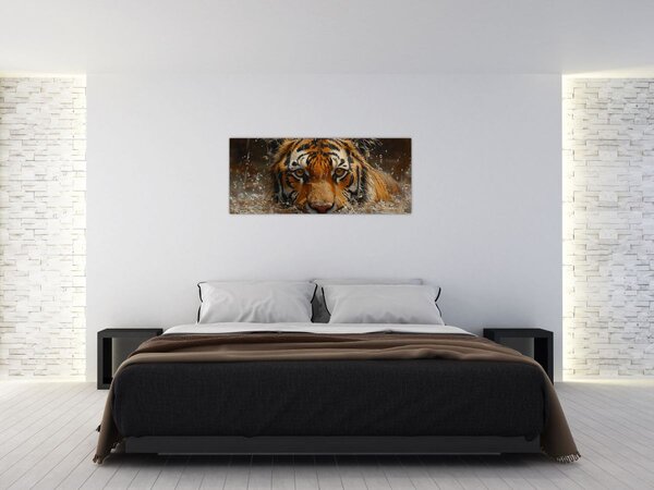 Obraz - Portrét tigra vo vode (120x50 cm)