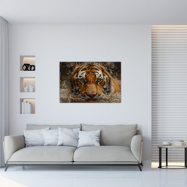 Obraz - Portrét tigra vo vode (90x60 cm)
