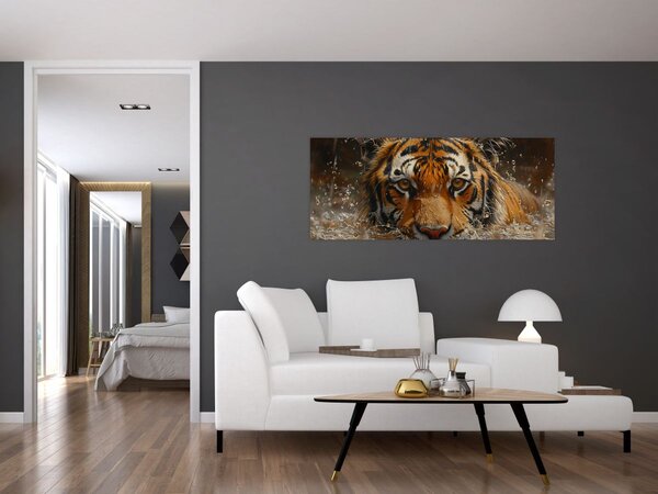 Obraz - Portrét tigra vo vode (120x50 cm)