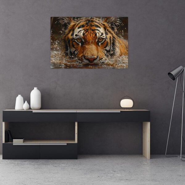 Obraz - Portrét tigra vo vode (90x60 cm)