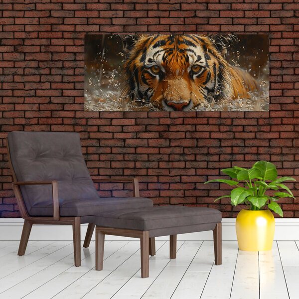 Obraz - Portrét tigra vo vode (120x50 cm)