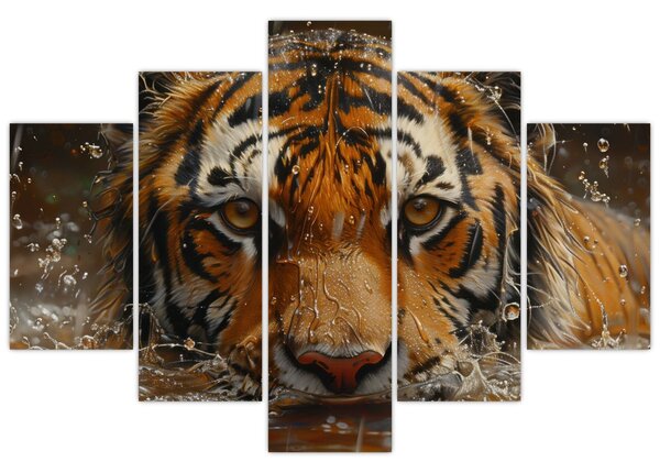 Obraz - Portrét tigra vo vode (150x105 cm)