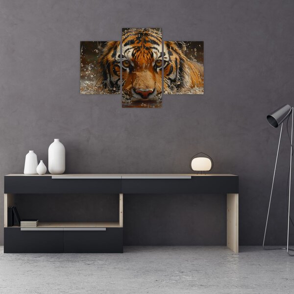 Obraz - Portrét tigra vo vode (90x60 cm)