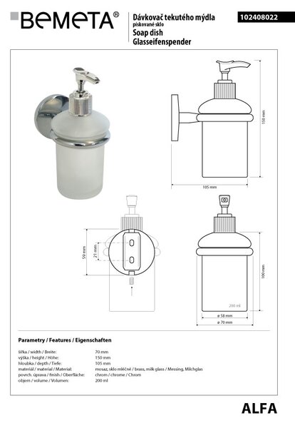 Bemeta Design ALFA: Dávkovač mydla, 200 ml - 102408022