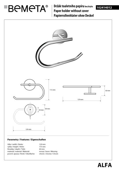 Bemeta Design ALFA: Držiak toaletného papiera, bez krytu - 102414012