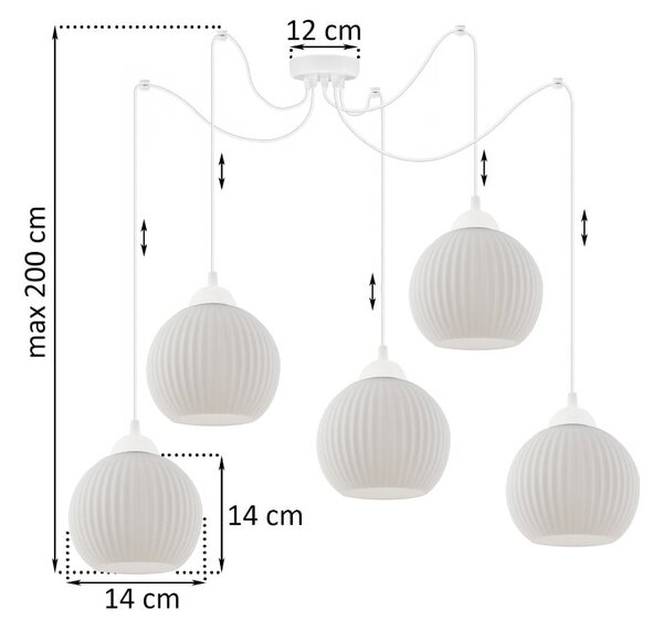 Závesné svietidlo Riffle Round Spider, 5x biele sklenené tienidlo, w