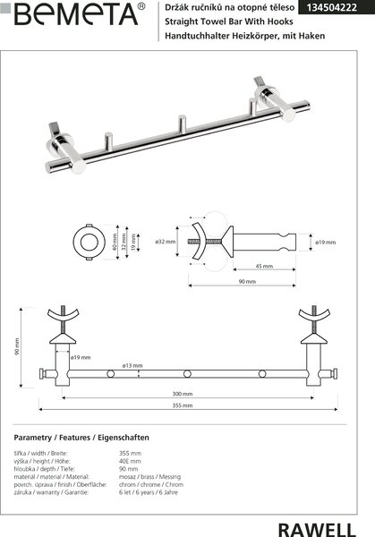 Bemeta Design RAWELL: Držiak uterákov na vykurovacie teleso, 300 mm, s háčikmi, lesk - 134504222