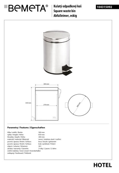 Bemeta Design Odpadkový kôš, 30 l, nerez, lesk - 104315092
