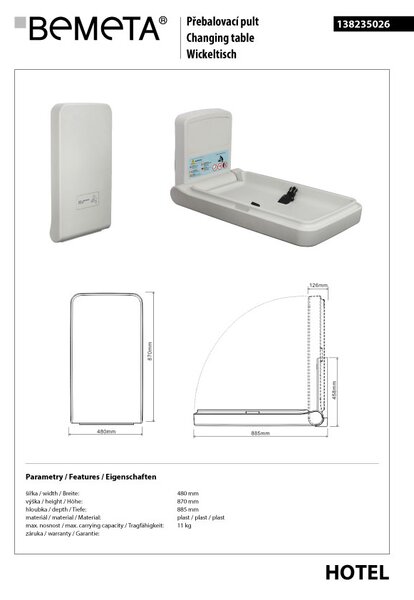 Bemeta Design Prebaľovací pult nástenný, plast, biela/sivá - 138235026