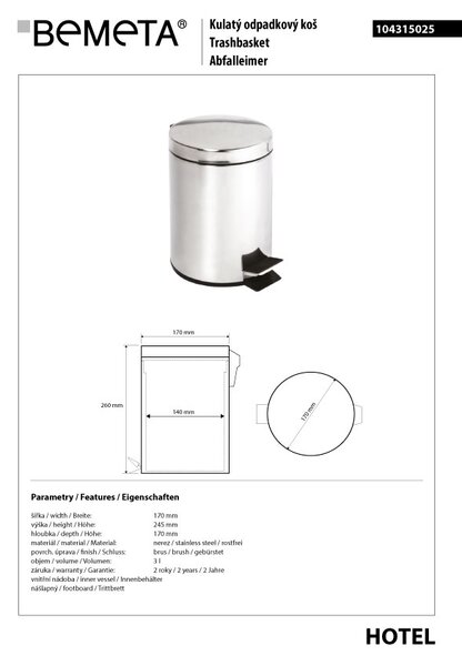 Bemeta Design Odpadkový kôš, 3 l, nerez, mat - 104315025
