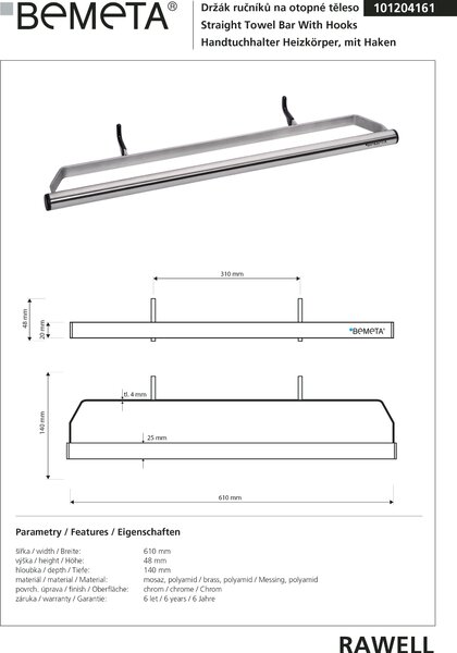 Bemeta Design RAWELL: Držiak uterákov na vykurovacie teleso, 610 mm, lesk - 101204161