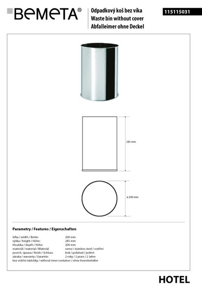 Bemeta Design Odpadkový kôš, 9 l, nerez, lesk - 115115031