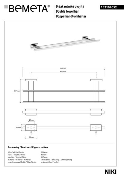 Bemeta Design NIKI: Držiak uterákov, 450 mm, dvojitý - 153104052