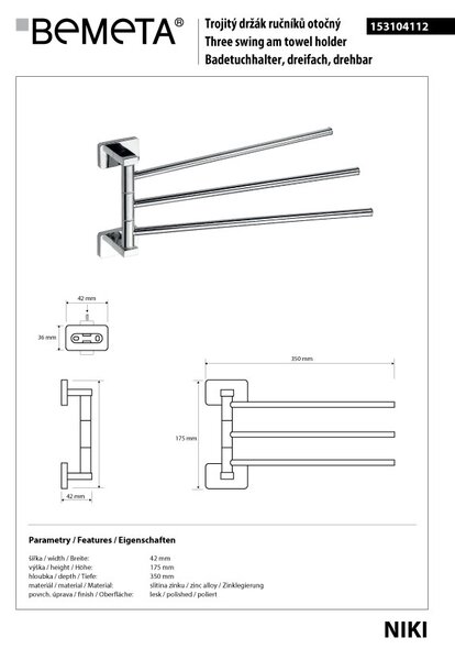 Bemeta Design NIKI: Držiak uterákov, trojitý, otočný 350 mm - 153104112