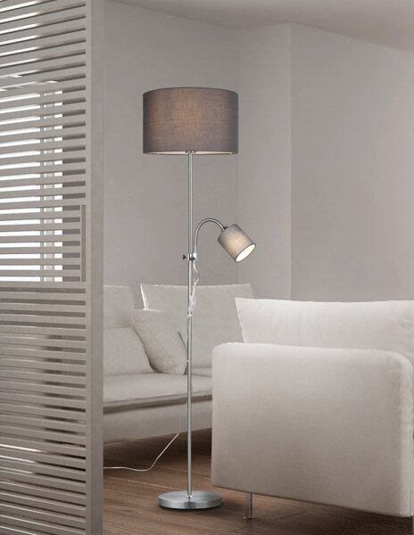 Trio R40192007 stojacie svietidlo Owen 1x42W + 10W | E27 + E14 - ohybné rameno, oddelené vypínače, matný nikel, šedá