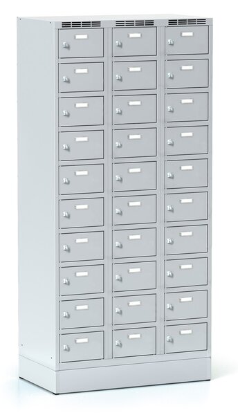 Šatníková skrinka S6 na sokli s úložnými boxami, 30 boxov, 1920 x 900 x 500 mm, otočný zámok, sivé dvere