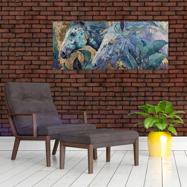 Obraz - Kone so zlatým pozadím (120x50 cm)