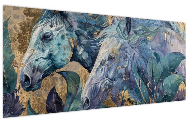 Obraz - Kone so zlatým pozadím (120x50 cm)