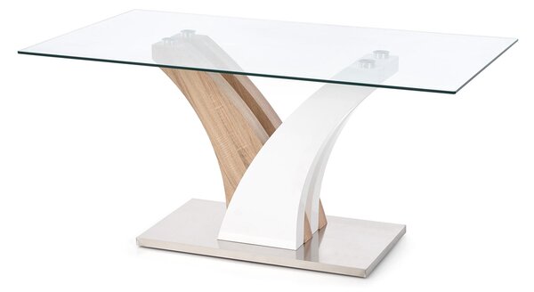 Sklenený jedálenský stôl Vilmer - dub sonoma / biely lesk / priehľadná