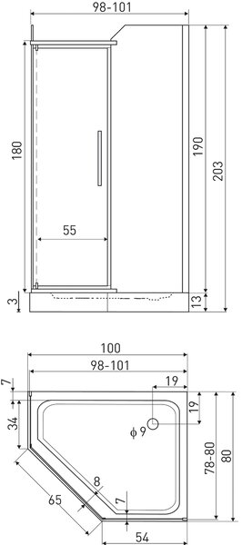 Novoterm Päťuholníkový sprchovací kút NV-Glasgow Plus 100x80, chróm/transparent - bez vaničky