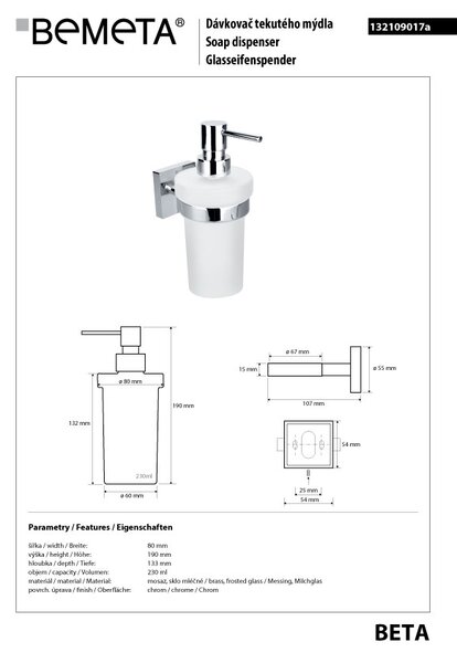 Bemeta Design BETA: Dávkovač mydla, 230 ml - 132109017