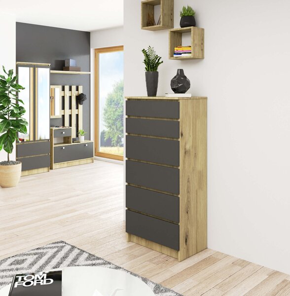 Ak furniture Komoda Kuba 60 cm - 6 zásuviek dub artisan/grafitová